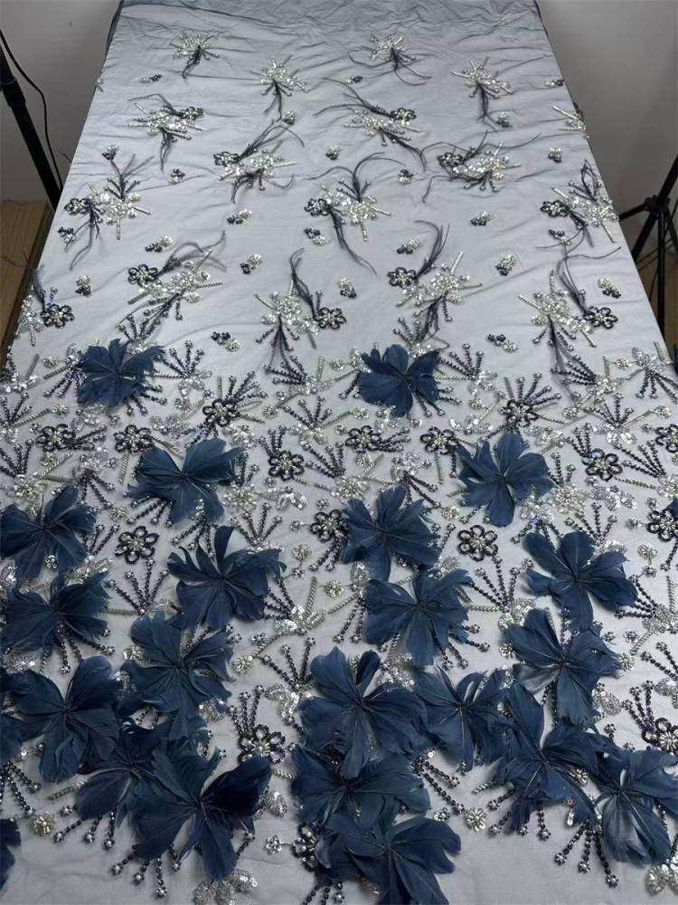 Beaded Tulle Feather 3D Floral Fabric - 5 Yards | HY015