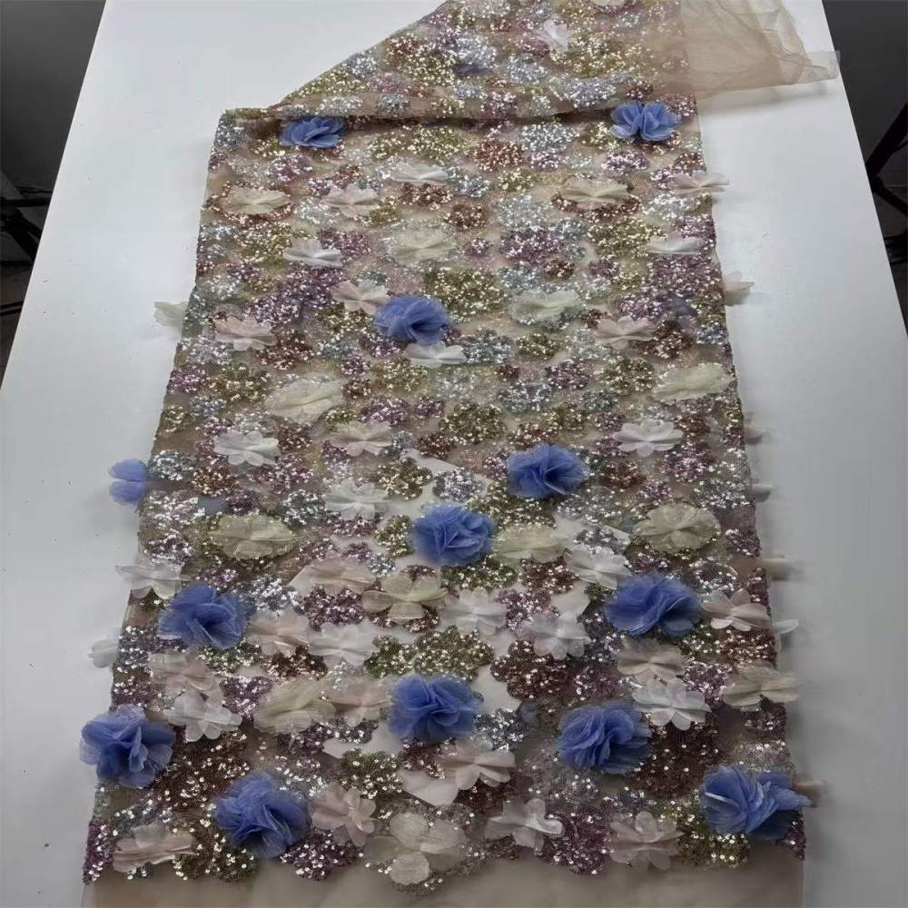 Beaded Tulle Feather 3D Floral Fabric - 5 Yards | HY018