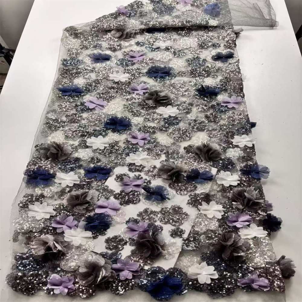 Beaded Tulle Feather 3D Floral Fabric - 5 Yards | HY018