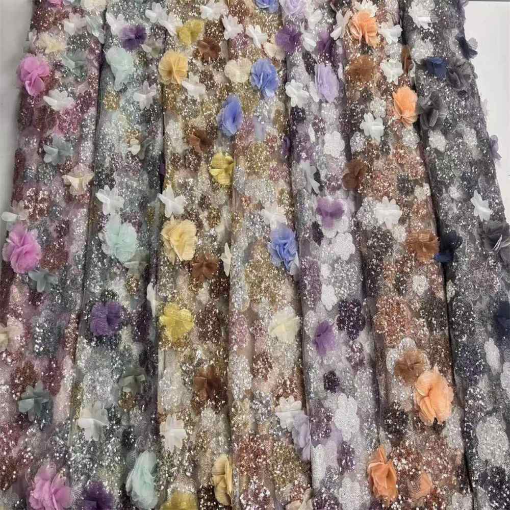 Beaded Tulle Feather 3D Floral Fabric - 5 Yards | HY018