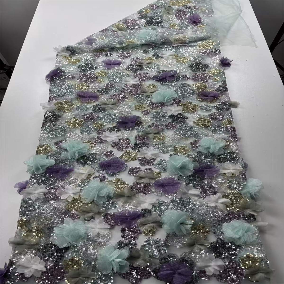 Beaded Tulle Feather 3D Floral Fabric - 5 Yards | HY018