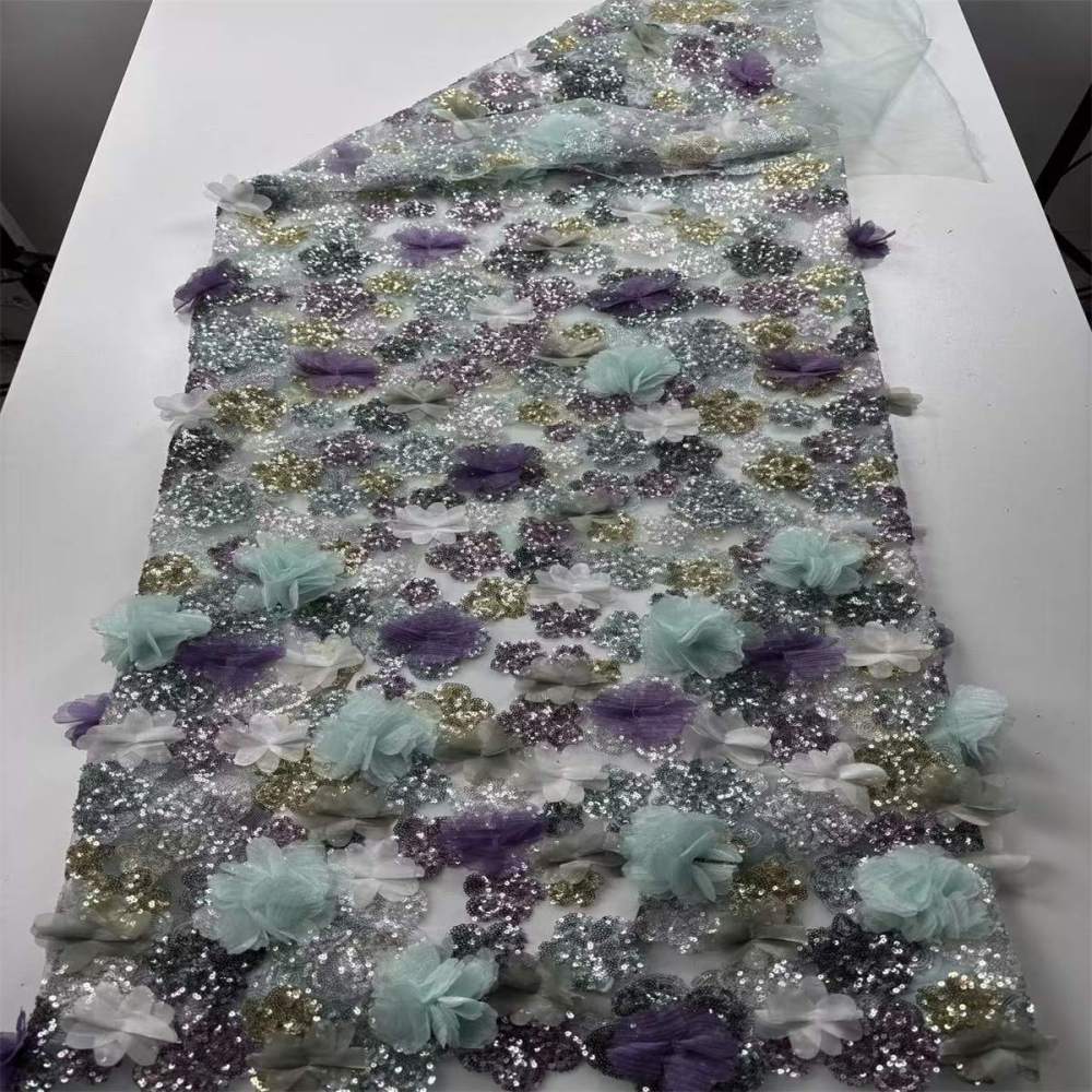 Beaded Tulle Feather 3D Floral Fabric - 5 Yards | HY018