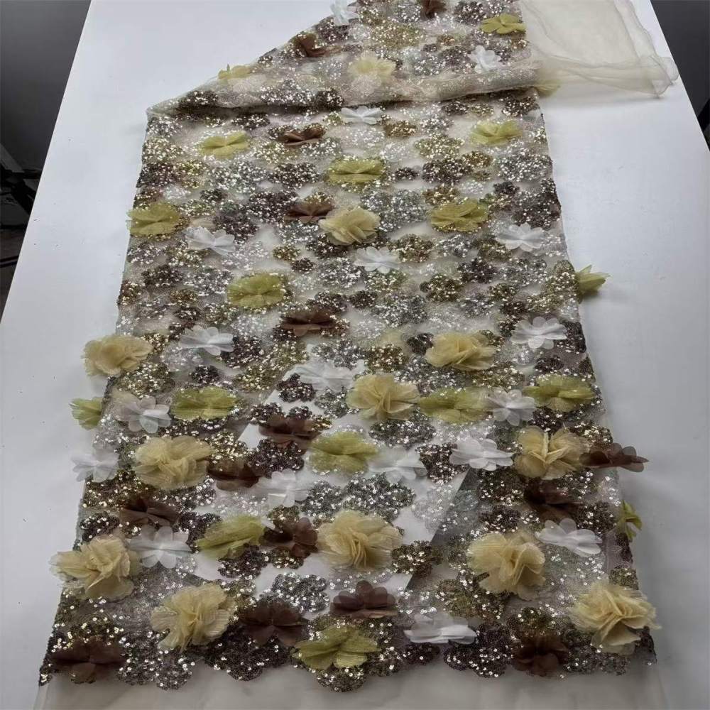 Beaded Tulle Feather 3D Floral Fabric - 5 Yards | HY018