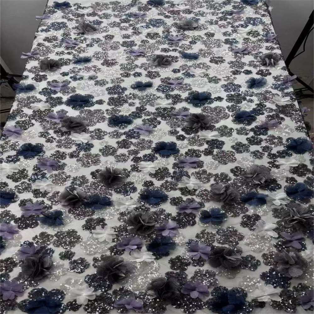 Beaded Tulle Feather 3D Floral Fabric - 5 Yards | HY018