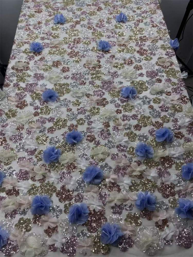 Beaded Tulle Feather 3D Floral Fabric - 5 Yards | HY018