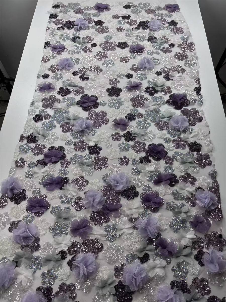 Beaded Tulle Feather 3D Floral Fabric - 5 Yards | HY018