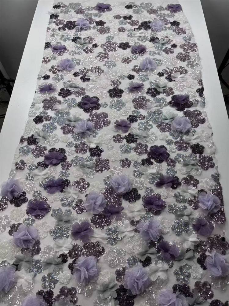 Beaded Tulle Feather 3D Floral Fabric - 5 Yards | HY018