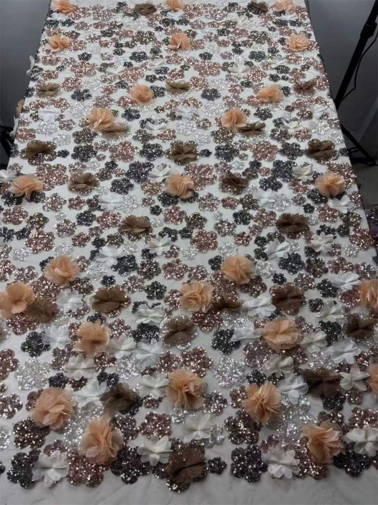 Beaded Tulle Feather 3D Floral Fabric - 5 Yards | HY018