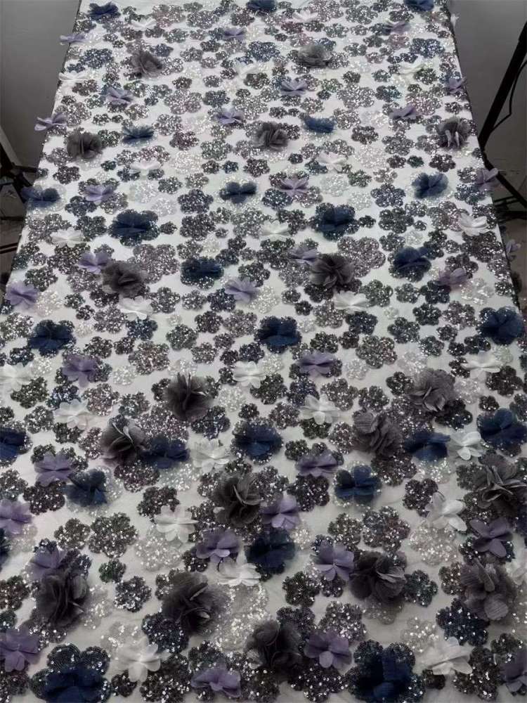 Beaded Tulle Feather 3D Floral Fabric - 5 Yards | HY018