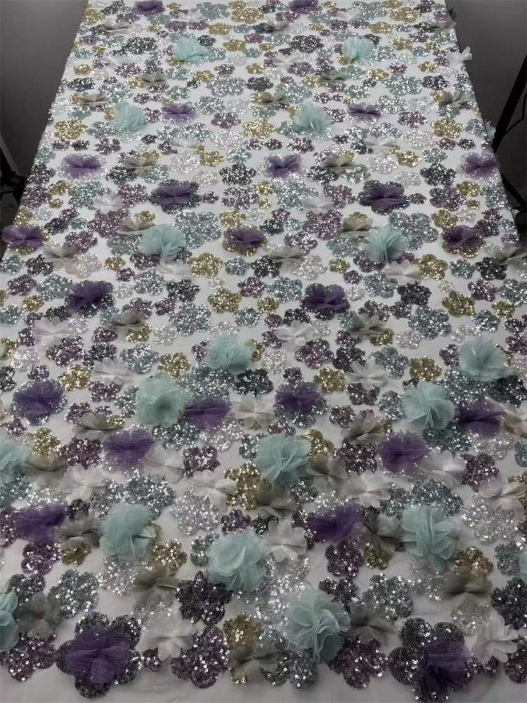 Beaded Tulle Feather 3D Floral Fabric - 5 Yards | HY018