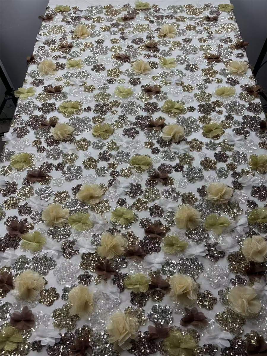 Beaded Tulle Feather 3D Floral Fabric - 5 Yards | HY018