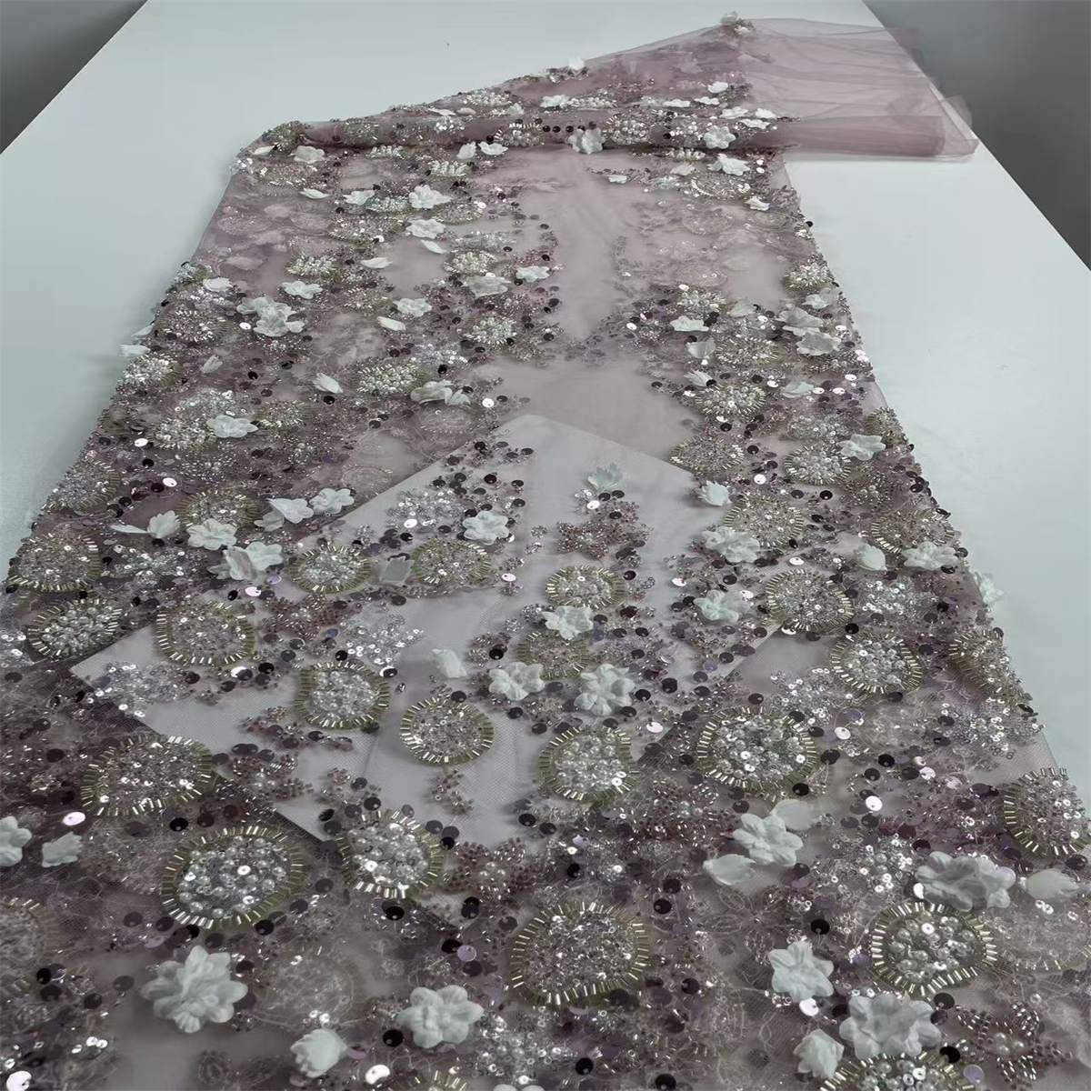Beaded Tulle Feather 3D Floral Fabric - 5 Yards | HY011