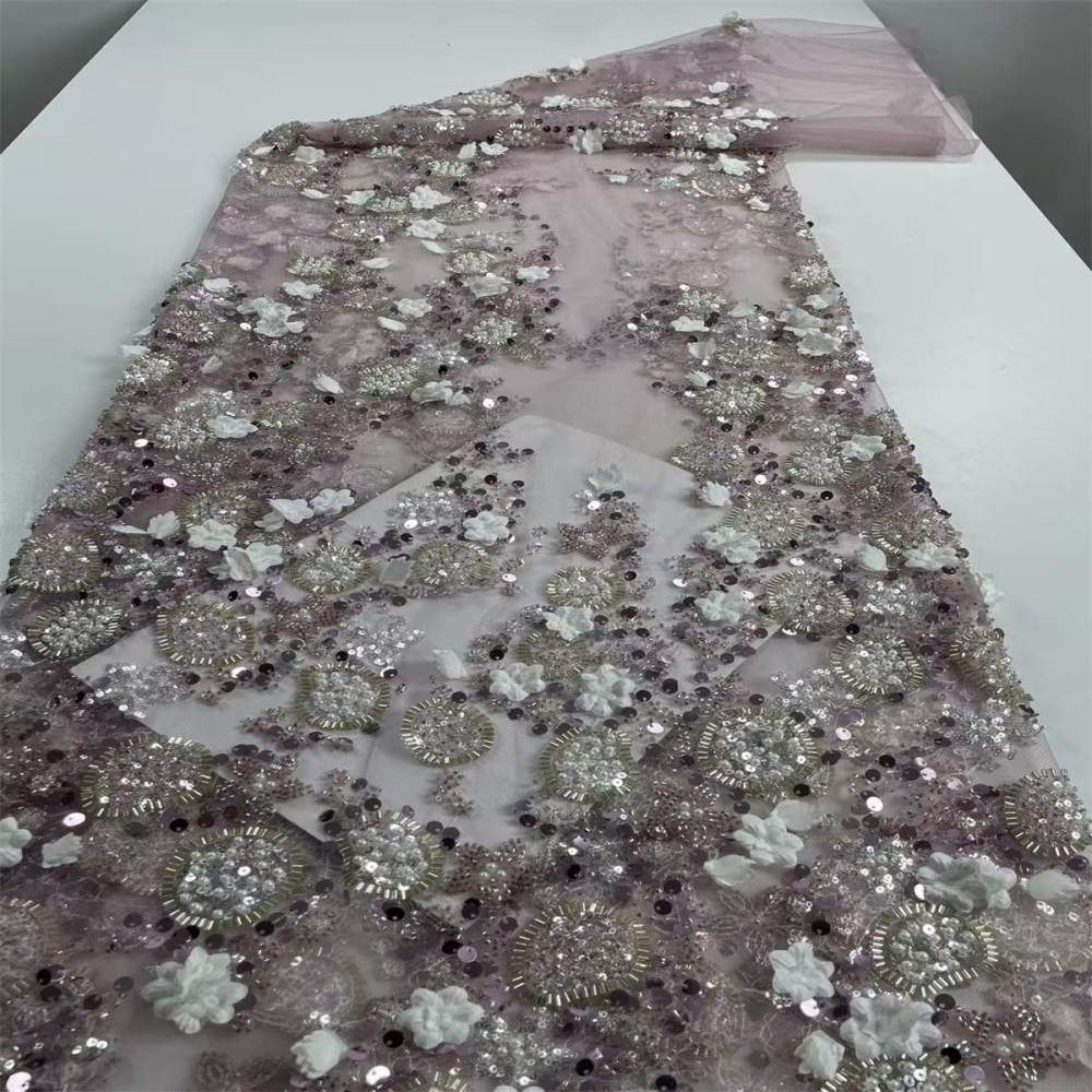 Beaded Tulle Feather 3D Floral Fabric - 5 Yards | HY011