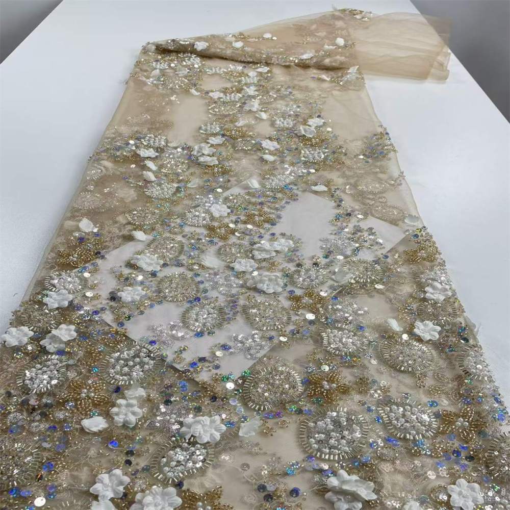 Beaded Tulle Feather 3D Floral Fabric - 5 Yards | HY011