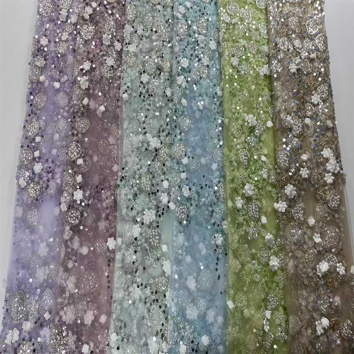 Beaded Tulle Feather 3D Floral Fabric - 5 Yards | HY011