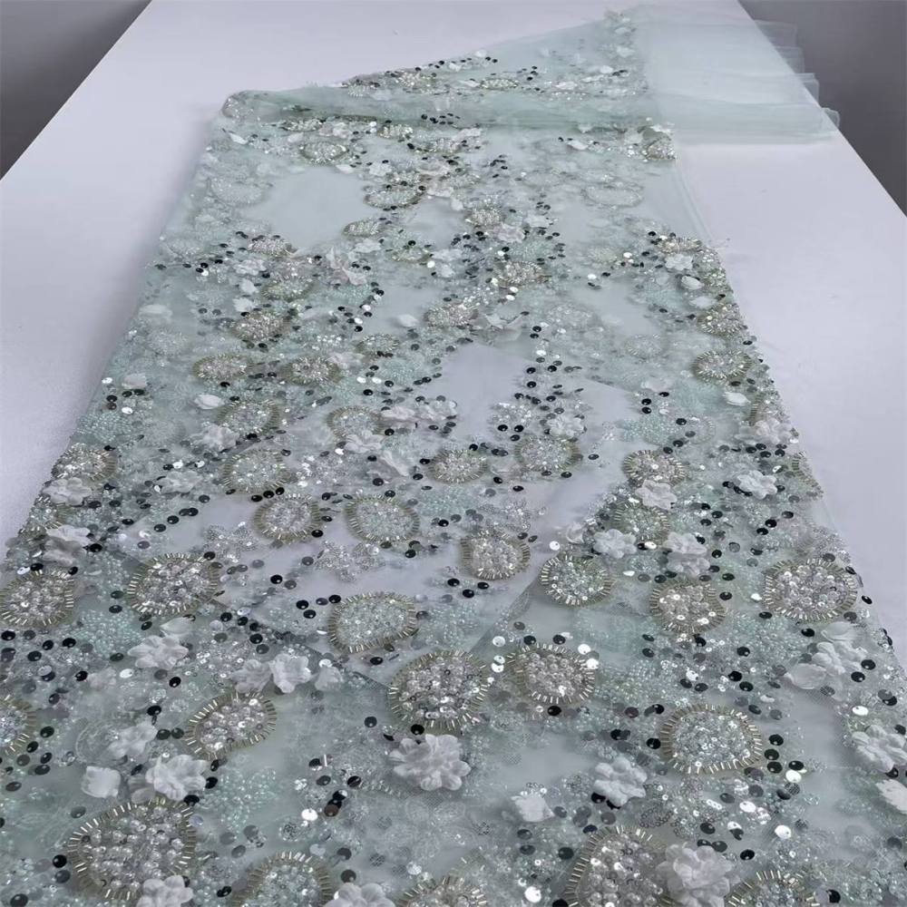 Beaded Tulle Feather 3D Floral Fabric - 5 Yards | HY011