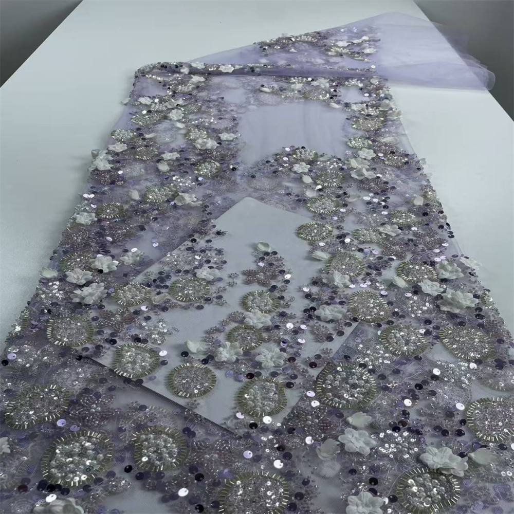 Beaded Tulle Feather 3D Floral Fabric - 5 Yards | HY011