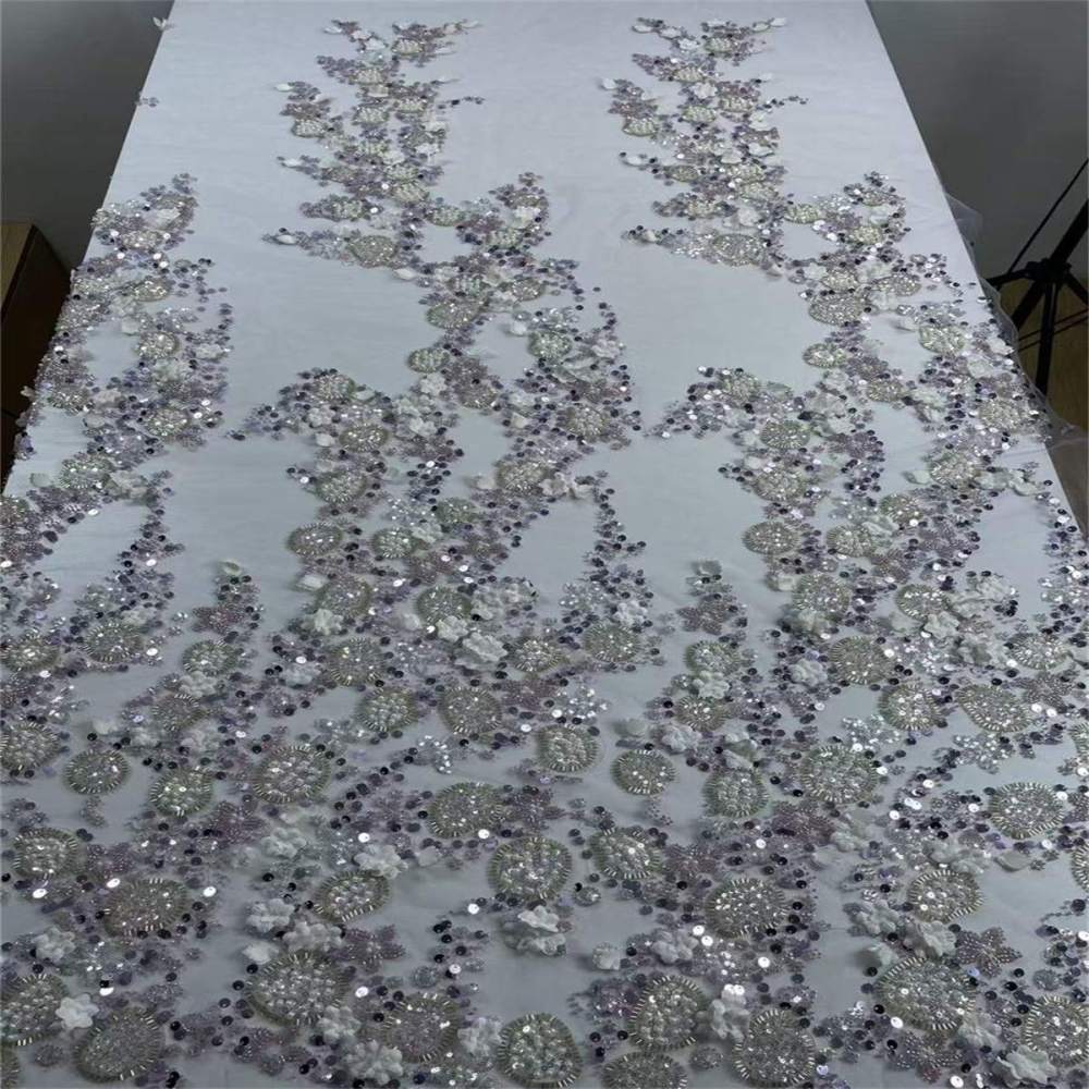 Beaded Tulle Feather 3D Floral Fabric - 5 Yards | HY011