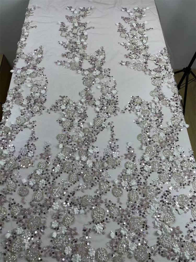 Beaded Tulle Feather 3D Floral Fabric - 5 Yards | HY011