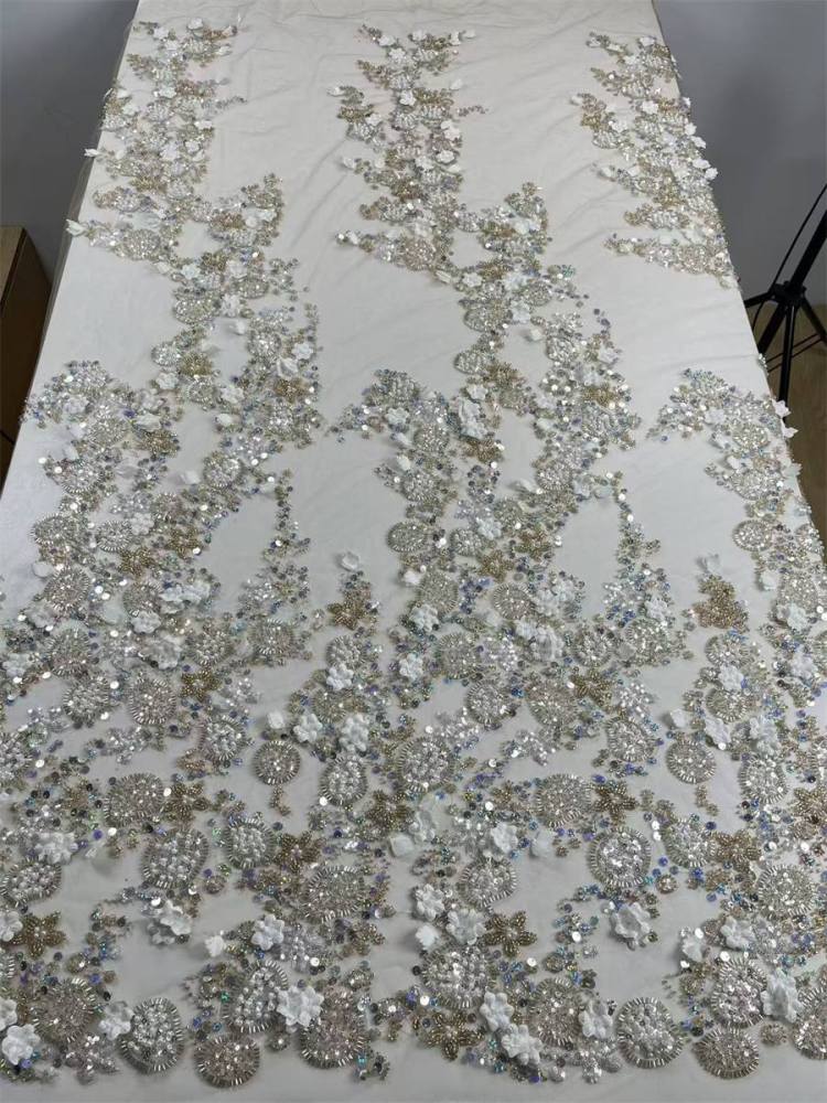 Beaded Tulle Feather 3D Floral Fabric - 5 Yards | HY011