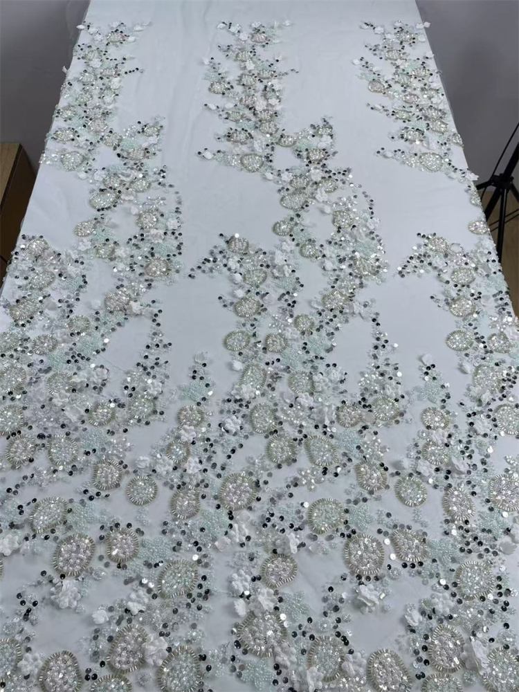 Beaded Tulle Feather 3D Floral Fabric - 5 Yards | HY011