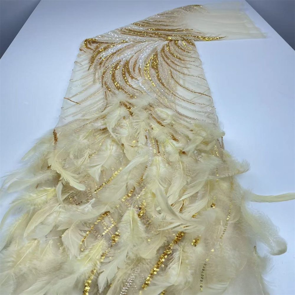 Beaded Tulle Feather 3D Floral Fabric - 5 Yards | HY007