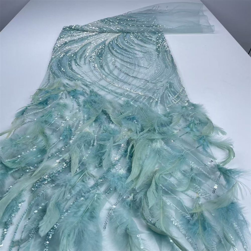 Beaded Tulle Feather 3D Floral Fabric - 5 Yards | HY007