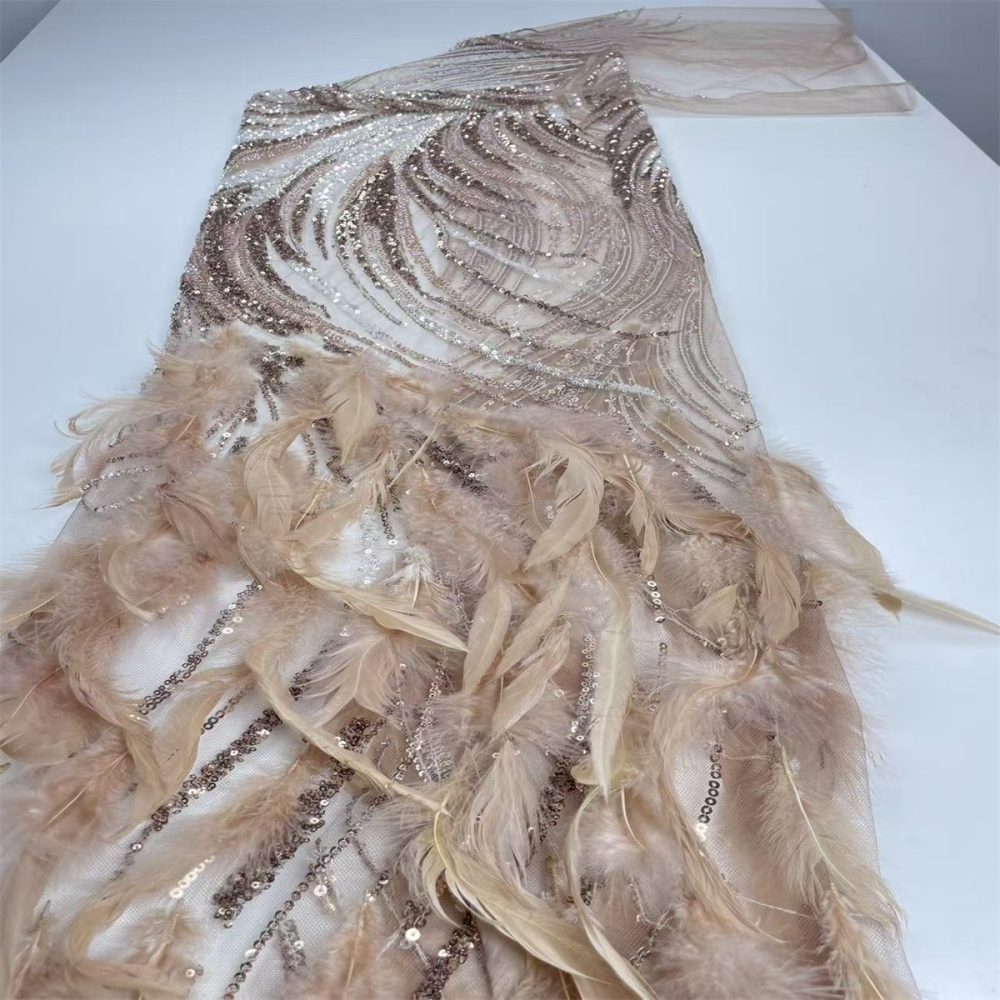 Beaded Tulle Feather 3D Floral Fabric - 5 Yards | HY007