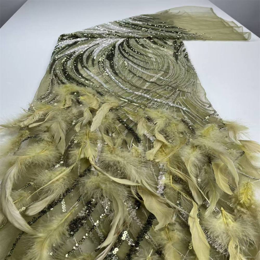 Beaded Tulle Feather 3D Floral Fabric - 5 Yards | HY007