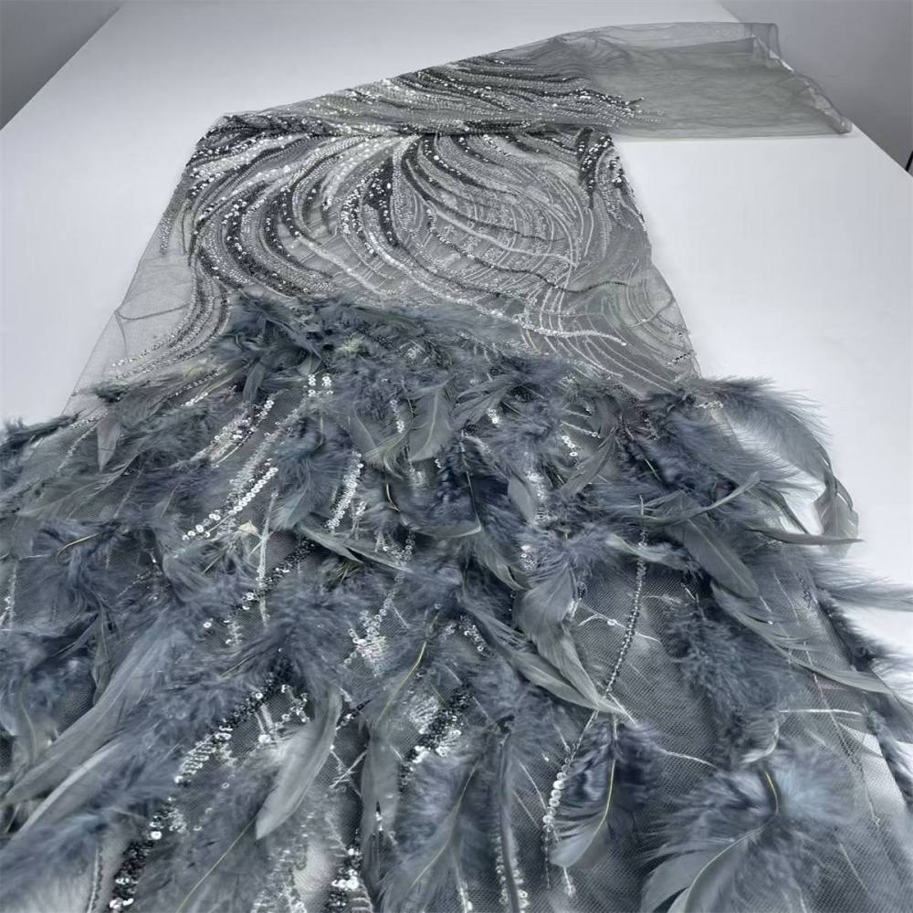 Beaded Tulle Feather 3D Floral Fabric - 5 Yards | HY007