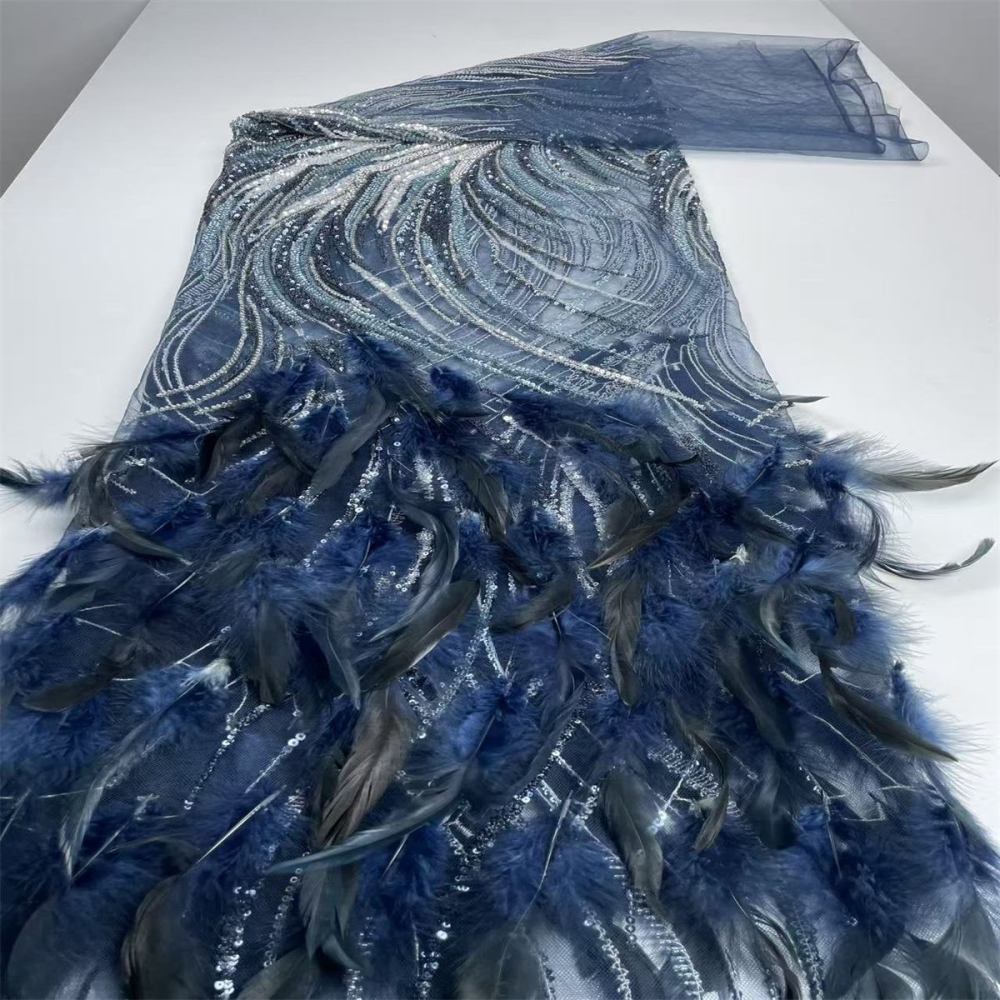 Beaded Tulle Feather 3D Floral Fabric - 5 Yards | HY007