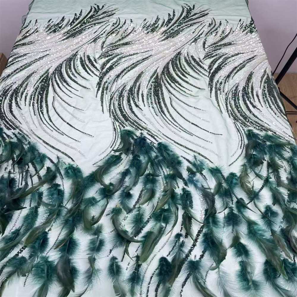 Beaded Tulle Feather 3D Floral Fabric - 5 Yards | HY007