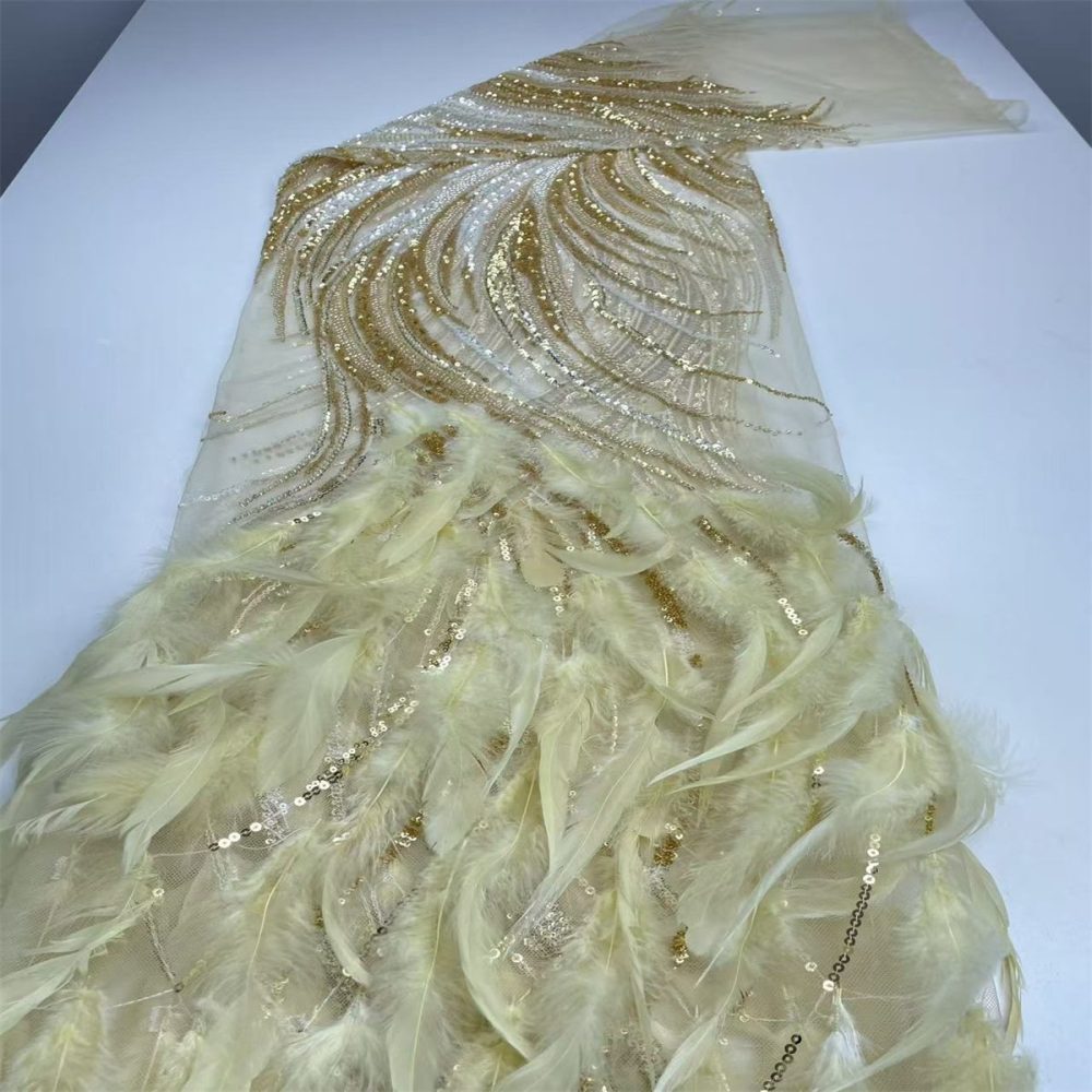 Beaded Tulle Feather 3D Floral Fabric - 5 Yards | HY007