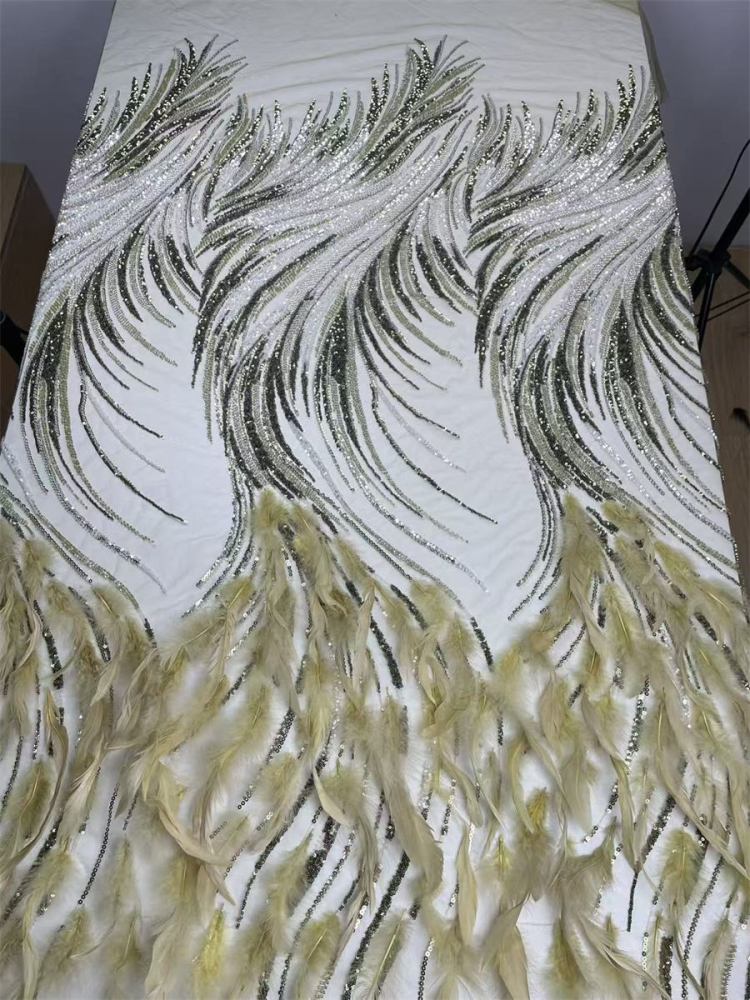 Beaded Tulle Feather 3D Floral Fabric - 5 Yards | HY007