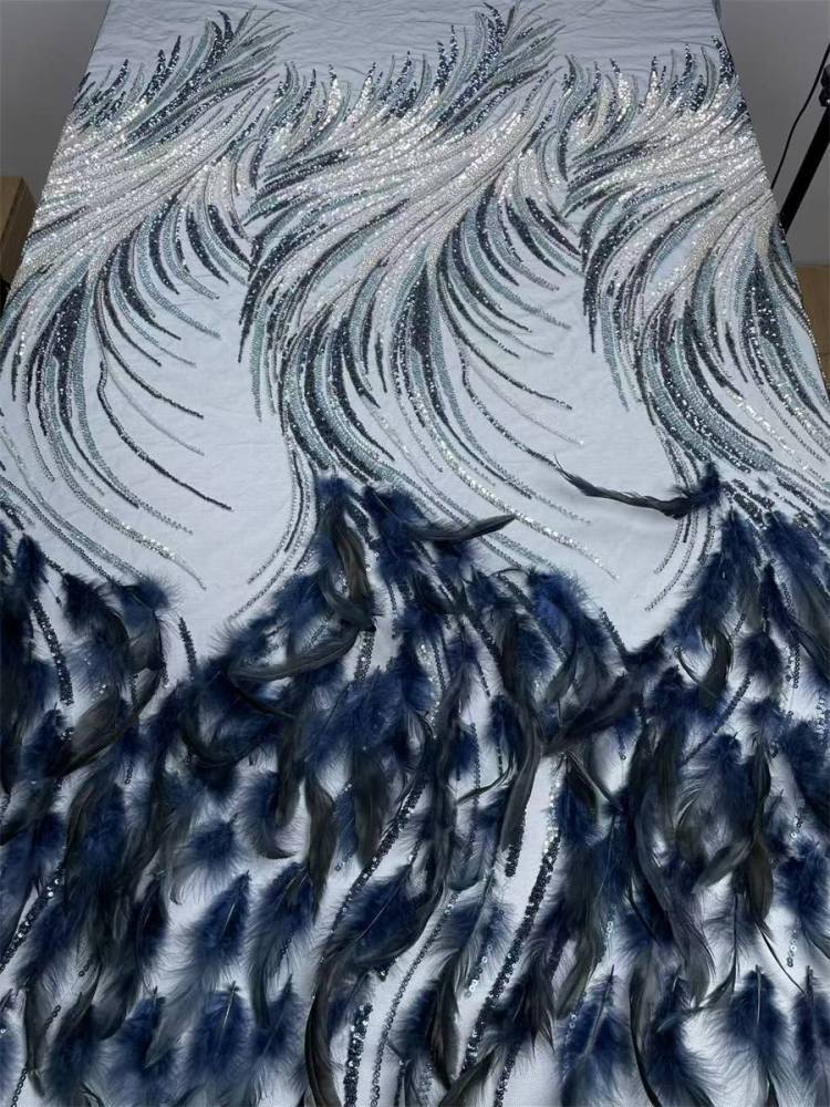 Beaded Tulle Feather 3D Floral Fabric - 5 Yards | HY007