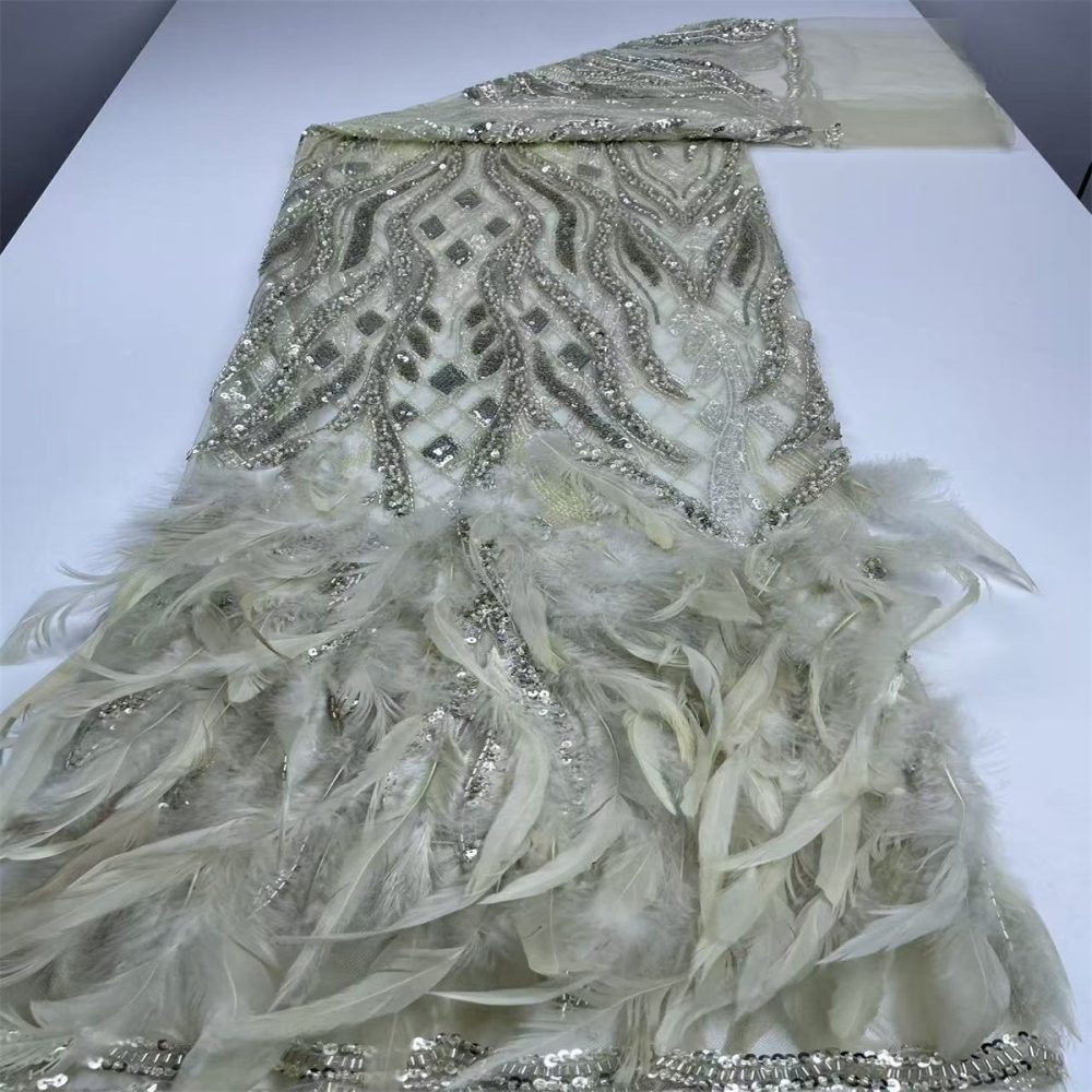 Beaded Tulle Feather 3D Floral Fabric - 5 Yards | HY008