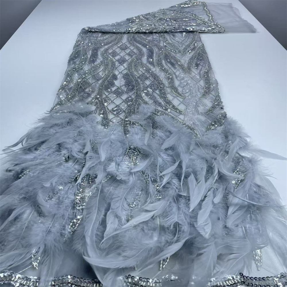 Beaded Tulle Feather 3D Floral Fabric - 5 Yards | HY008
