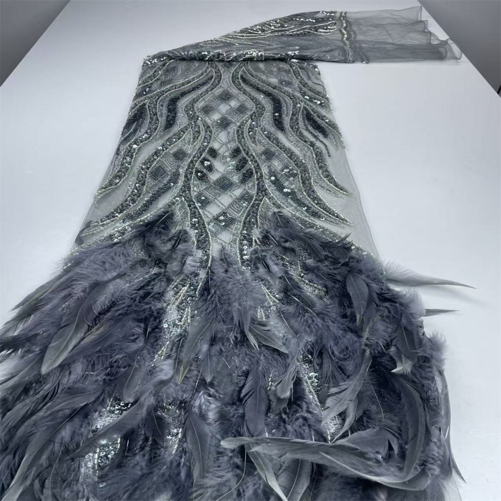 Beaded Tulle Feather 3D Floral Fabric - 5 Yards | HY008