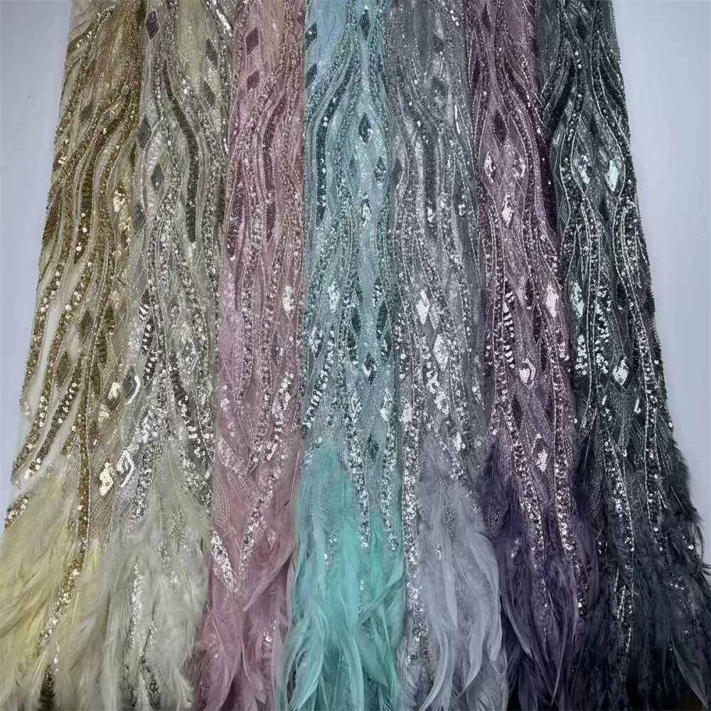 Beaded Tulle Feather 3D Floral Fabric - 5 Yards | HY008