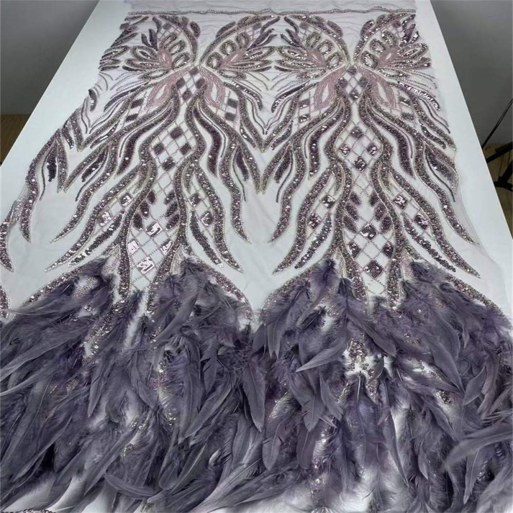 Beaded Tulle Feather 3D Floral Fabric - 5 Yards | HY008