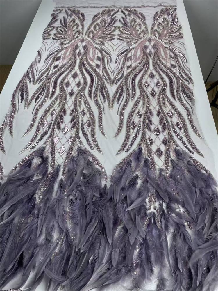Beaded Tulle Feather 3D Floral Fabric - 5 Yards | HY008