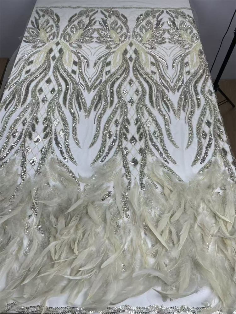 Beaded Tulle Feather 3D Floral Fabric - 5 Yards | HY008