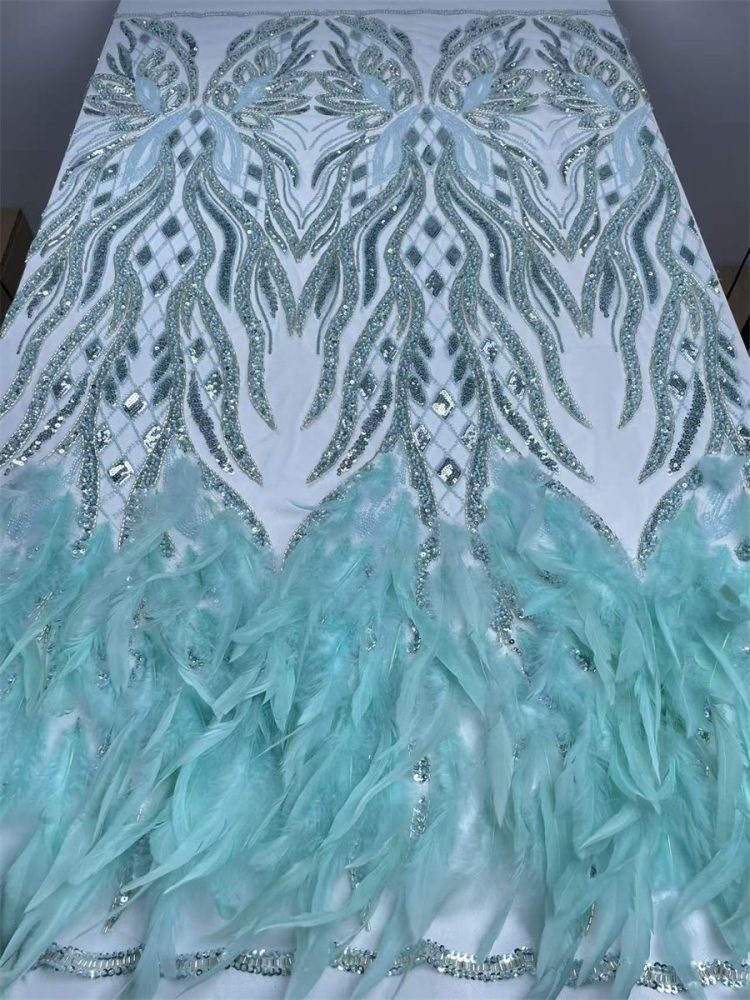 Beaded Tulle Feather 3D Floral Fabric - 5 Yards | HY008