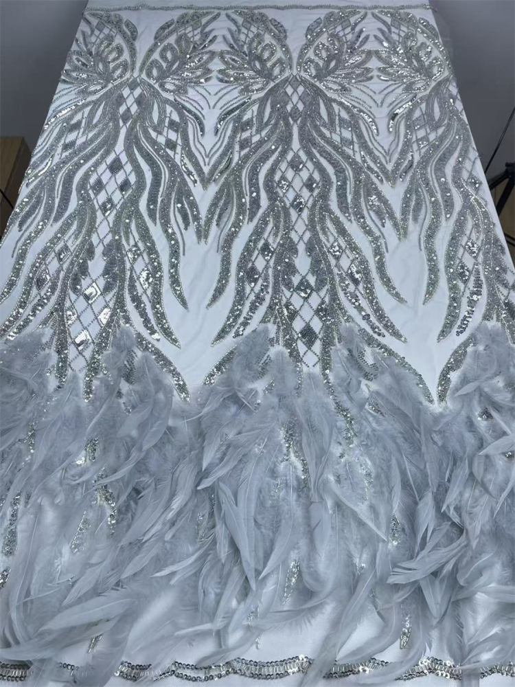 Beaded Tulle Feather 3D Floral Fabric - 5 Yards | HY008
