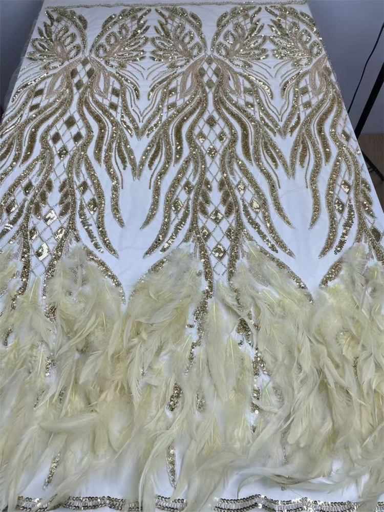 Beaded Tulle Feather 3D Floral Fabric - 5 Yards | HY008