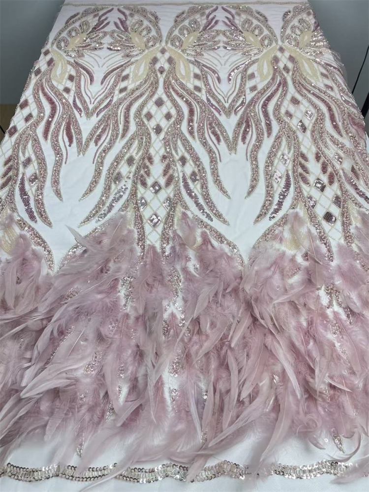 Beaded Tulle Feather 3D Floral Fabric - 5 Yards | HY008
