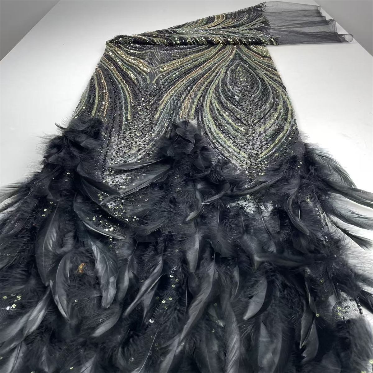 Beaded Tulle Feather 3D Floral Fabric - 5 Yards | HY009