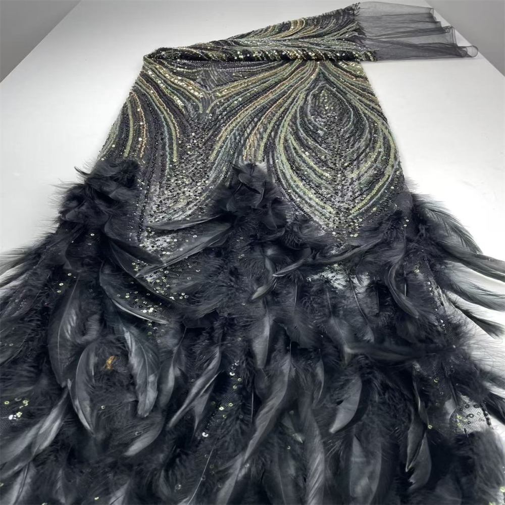 Beaded Tulle Feather 3D Floral Fabric - 5 Yards | HY009