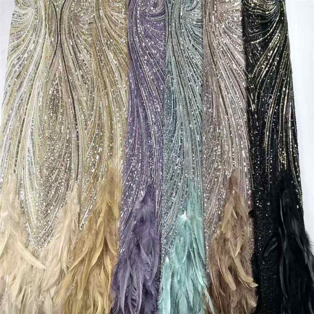 Beaded Tulle Feather 3D Floral Fabric - 5 Yards | HY009