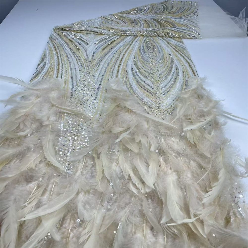 Beaded Tulle Feather 3D Floral Fabric - 5 Yards | HY009